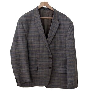 Lauren Ralph Lauren Sport Coat 50R Brown Blue Plaid Wool Silk Linen Blazer